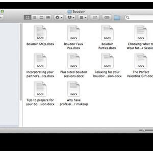 May include: A screenshot of a computer screen showing a folder titled "Boudoir" with several files inside. The files are all Microsoft Word documents with titles related to boudoir photography, such as "Boudoir FAQs.docx", "Boudoir Faux Pas.docx", and "Choosing What to Wear for...r Session".