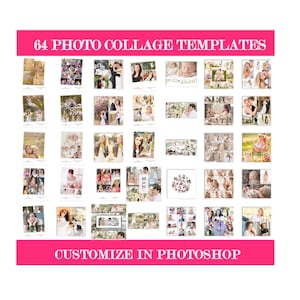 May include: A collection of 64 photo collage templates for use in Photoshop. The templates are arranged in a grid and feature a variety of layouts and styles. The text "Customize in Photoshop" appears at the bottom of the image.