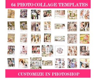 May include: A collection of 64 photo collage templates for use in Photoshop. The templates are arranged in a grid and feature a variety of layouts and styles. The text "Customize in Photoshop" appears at the bottom of the image.