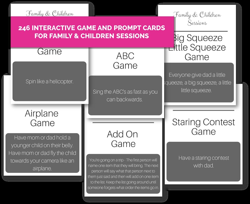 K&ouml;nnte beinhalten: Ein Set mit 246 interaktiven Spiel- und Aufforderungskarten f&uuml;r Familien- und Kindersitzungen. Die Karten sind auf wei&szlig;em Karton mit schwarzem Text gedruckt und in zwei Kategorien unterteilt: Spiele und Aufforderungen. Die Spiele beinhalten Aktivit&auml;ten wie "Drehe dich wie ein Hubschrauber", "Singen Sie das ABC so schnell wie m&ouml;glich r&uuml;ckw&auml;rts", "Lassen Sie Mama oder Papa ein j&uuml;ngeres Kind auf dem Bauch halten", "Sie machen eine Reise", und "Machen Sie einen Glotzwettbewerb mit Papa". Die Aufforderungen sollen Gespr&auml;che und die Bindung zwischen Familienmitgliedern f&ouml;rdern.