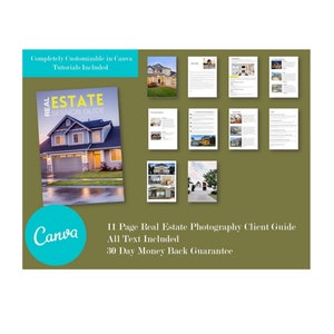 Op de afbeelding: Een digitale productmockup met een 11-pagina's tellende gids voor vastgoedfotografie voor klanten. De gids is volledig aanpasbaar in Canva en bevat tutorials. De mockup toont een omslagbeeld van een huis met de tekst "Real Estate Session Guide" en een Canva-logo.