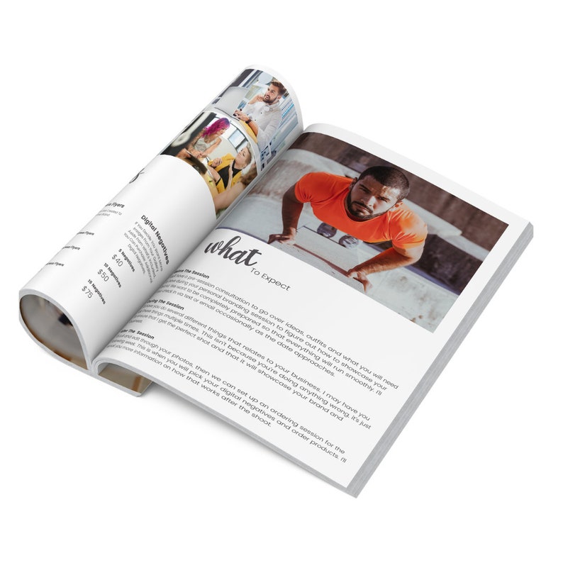 May include: An open book with the words "what to expect" on the page. The book is open to a page with text about a branding session and a photo of a man in an orange shirt doing a push-up.