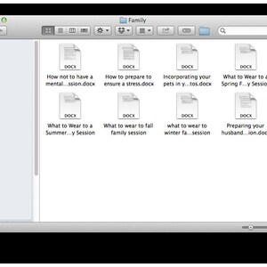 May include: A screenshot of a computer screen showing a folder named "Family" with several Microsoft Word documents inside. The document titles include "How not to have a mental...ssion.docx", "How to prepare to ensure a stress.docx", "Incorporating your pets in y...tos.docx", "What to Wear to a Spring F...y Session", "What to Wear to a Summer...y Session", "What to wear to fall family session", "what to wear to winter fa...session", and "Preparing your husband...ion.docx".