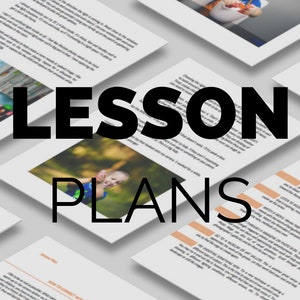 May include: An image of several white documents with text and photos, arranged at different angles. The words "LESSON PLANS" are prominently displayed in large, black letters across the center of the image.