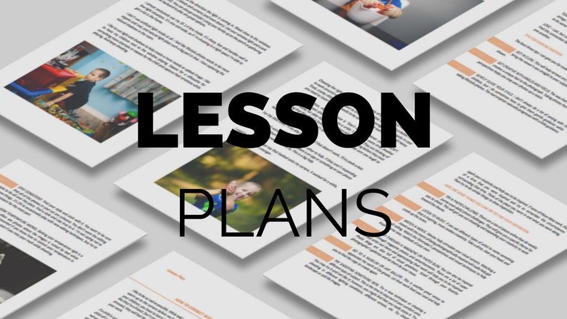 May include: An image of several white documents with text and photos, arranged at different angles. The words "LESSON PLANS" are prominently displayed in large, black letters across the center of the image.