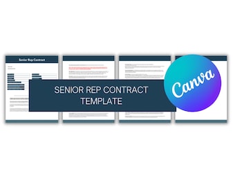Könnte beinhalten: Ein vierseitiges Dokument mit dem Titel "Senior Rep Contract Template" und einem Canva-Logo oben rechts. Das Dokument ist eine Vorlage für einen Vertrag mit einem leitenden Vertreter.