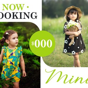 Peut inclure: Une publicit&eacute; pour une s&eacute;ance photo mettant en sc&egrave;ne deux jeunes filles. Le texte "NOW BOOKING" est affich&eacute; en lettres noires sur fond blanc. Le texte "$000 Minis" est affich&eacute; en lettres vertes sur fond blanc.