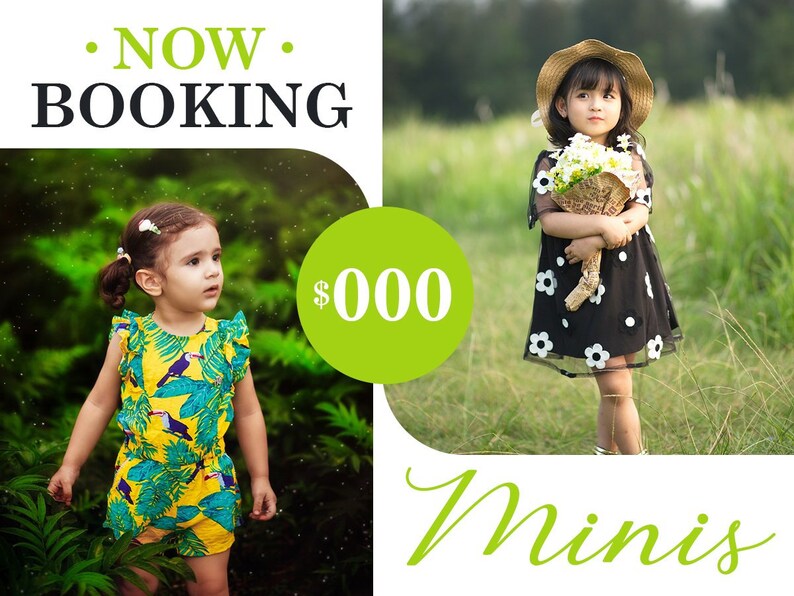 Peut inclure: Une publicit&eacute; pour une s&eacute;ance photo mettant en sc&egrave;ne deux jeunes filles. Le texte "NOW BOOKING" est affich&eacute; en lettres noires sur fond blanc. Le texte "$000 Minis" est affich&eacute; en lettres vertes sur fond blanc.