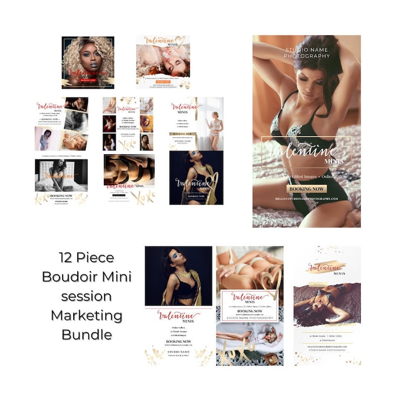 May include: A set of 12 social media marketing graphics for a boudoir photography business. The graphics feature a pink and gold color scheme with the text "Valentine Minis" and "Booking Now".