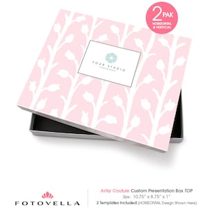 May include: A pink presentation box with a floral design and the text "YOUR STUDIO PHOTOGRAPHY" on the lid. The box is 10.75 inches by 8.75 inches by 1 inch and includes two templates, one horizontal and one vertical. The box is labeled "Artsy Couture Custom Presentation Box TOP" and "Bella Vita".
