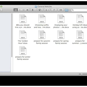 May include: A screenshot of a computer screen showing a folder titled "General Articles" with several files inside. The files are all Microsoft Word documents, indicated by the DOCX file extension. The file names include "Why you should hire a pr...nts.docx", "Choosing outfits and loca...rint.docx", "Displaying your photos i...me.docx", "Holiday Gift Ideas using yo...tos.docx", "The 'Golden Hour'.docx", "prepare for autumn family session", "prepare for spring family session", "prepare for summer...y session", and "prepare for winter family session".