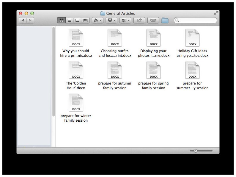 May include: A screenshot of a computer screen showing a folder titled "General Articles" with several files inside. The files are all Microsoft Word documents, indicated by the DOCX file extension. The file names include "Why you should hire a pr...nts.docx", "Choosing outfits and loca...rint.docx", "Displaying your photos i...me.docx", "Holiday Gift Ideas using yo...tos.docx", "The 'Golden Hour'.docx", "prepare for autumn family session", "prepare for spring family session", "prepare for summer...y session", and "prepare for winter family session".