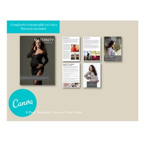 Puede incluir: Una guía de seis páginas para sesiones de fotos de maternidad, con consejos sobre qué ponerse y cómo posar. La guía es personalizable en Canva e incluye tutoriales. La portada presenta a una mujer embarazada con un vestido negro.