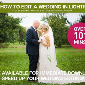 May include: A bride and groom stand in a green grassy field with apple trees in the background. The bride is wearing a white wedding dress and veil. The groom is wearing a dark suit. The text "NEW! HOW TO EDIT A WEDDING IN LIGHTROOM" is at the top of the image. The text "OVER 101 MINS!" is in a pink circle in the upper right corner of the image. The text "NOW AVAILABLE FOR IMMEDIATE DOWNLOAD! SPEED UP YOUR WEDDING EDITING!" is at the bottom of the image.
