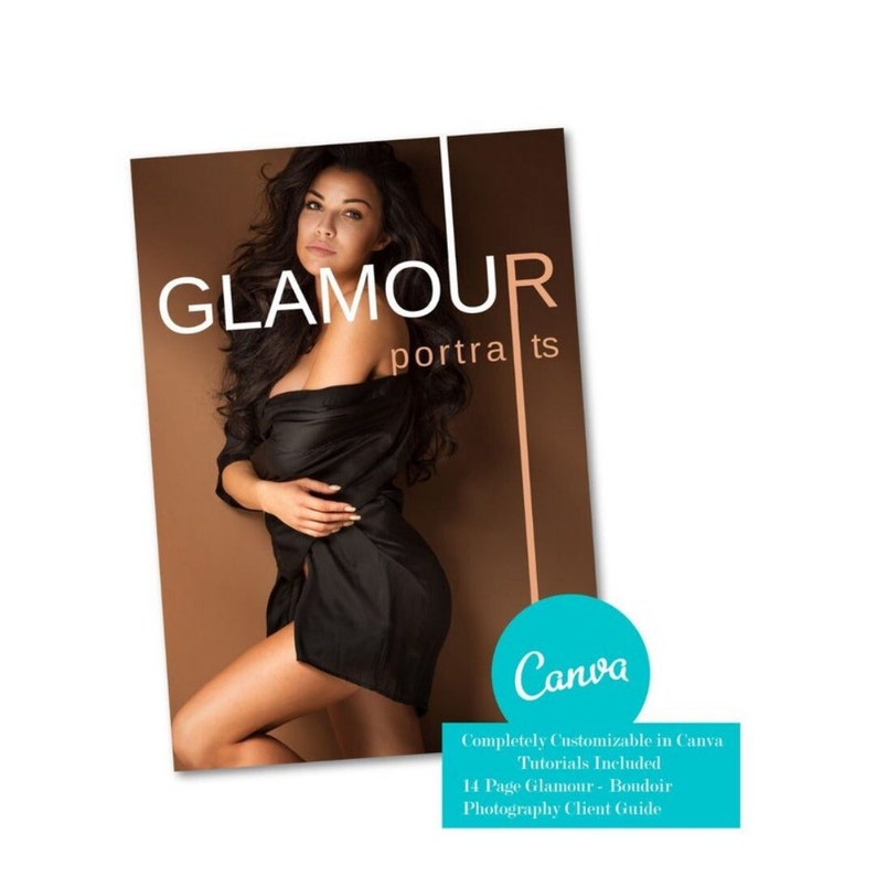 K&ouml;nnte beinhalten: Ein digitales Produktcover mit einer Frau in einem schwarzen Kleid und dem Text "GLAMOUR portraits" sowie einem Canva-Logo. Der Text unter dem Logo lautet "Komplett anpassbar in Canva Tutorials enthalten 14-seitiger Glamour-Boudoir-Fotografie-Kundenleitfaden".