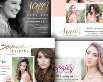 May include: A collage of images promoting senior portrait sessions. The text reads "Senior Sessions" and includes the price of $350, booking information, and details about professional makeup and hairstyling. The images feature young women with different hairstyles and poses.