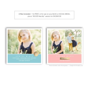 May include: A light blue and pink flyer with the text "Spring Minis" and "now booking". The flyer features two photos of children in a natural setting. The text "$250 Book Now" is in a gold circle on the left side of the flyer.