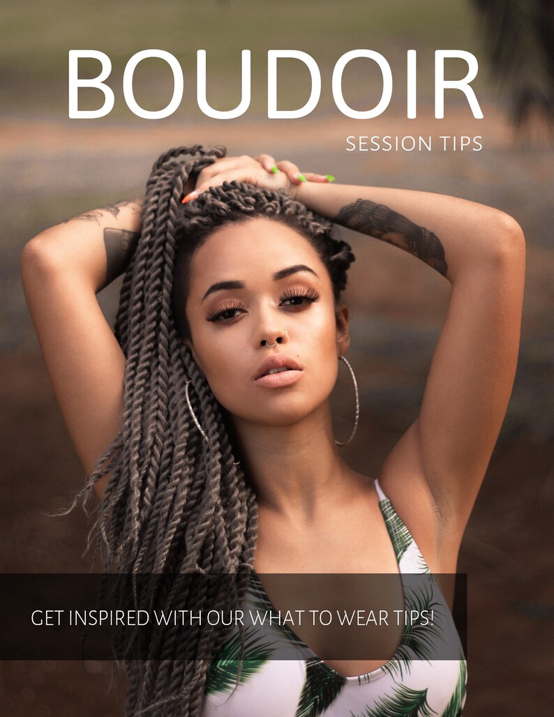 May include: A woman with long gray braids poses for a boudoir photo shoot. The text "Boudoir Session Tips" and "Get Inspired With Our What To Wear Tips!" is visible in the image.
