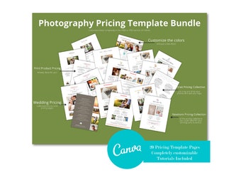 May include: A collection of 20 customizable photography pricing templates for Canva. The templates are organized into categories such as print product pricing, wedding pricing, portrait pricing, and newborn pricing. The text "20 Pricing Template Pages Completely Customizable Tutorials Included" is displayed on the bottom of the image.