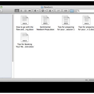 May include: A computer screen displaying a folder titled "Newborn" with several .docx files inside. The files are titled "How to go with the flow and...ing.docx", "Sentimental Newborn Props.docx", "Tips for preparing for your...session 1", "Tips for preparing for your...n 2.docx", and "Tips for Booking Your Ne...sion.docx".