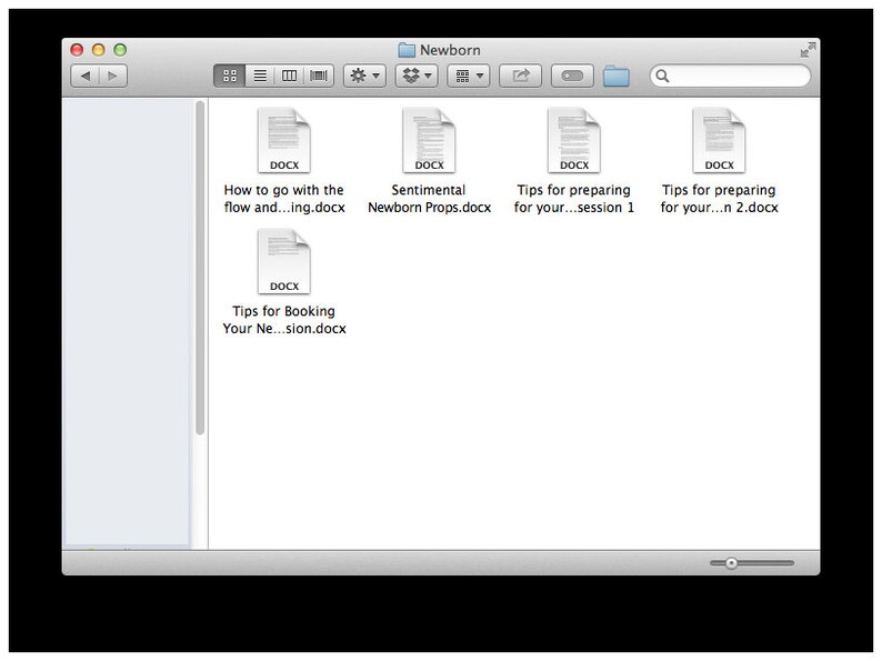 May include: A computer screen displaying a folder titled "Newborn" with several .docx files inside. The files are titled "How to go with the flow and...ing.docx", "Sentimental Newborn Props.docx", "Tips for preparing for your...session 1", "Tips for preparing for your...n 2.docx", and "Tips for Booking Your Ne...sion.docx".