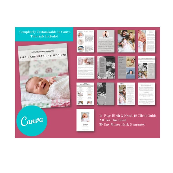 Birth Photography and Fresh 48 Welcome packet, Client Guide Magazine for Canva