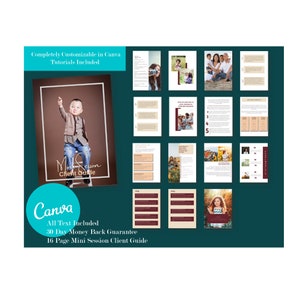 May include: A 16-page mini session client guide template, customisable in Canva. The guide features a brown background with a photo of a young boy in a blue shirt and jeans. The text "Mini Session Client Guide" is written in a white font with a brown outline. The guide also includes a 30-day money back guarantee.