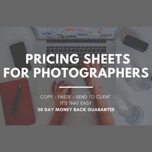 May include: A person using a laptop computer with the text "PRICING SHEETS FOR PHOTOGRAPHERS" on the screen. The text below reads "COPY - PASTE - SEND TO CLIENT IT'S THAT EASY 30 DAY MONEY BACK GUARANTEE".