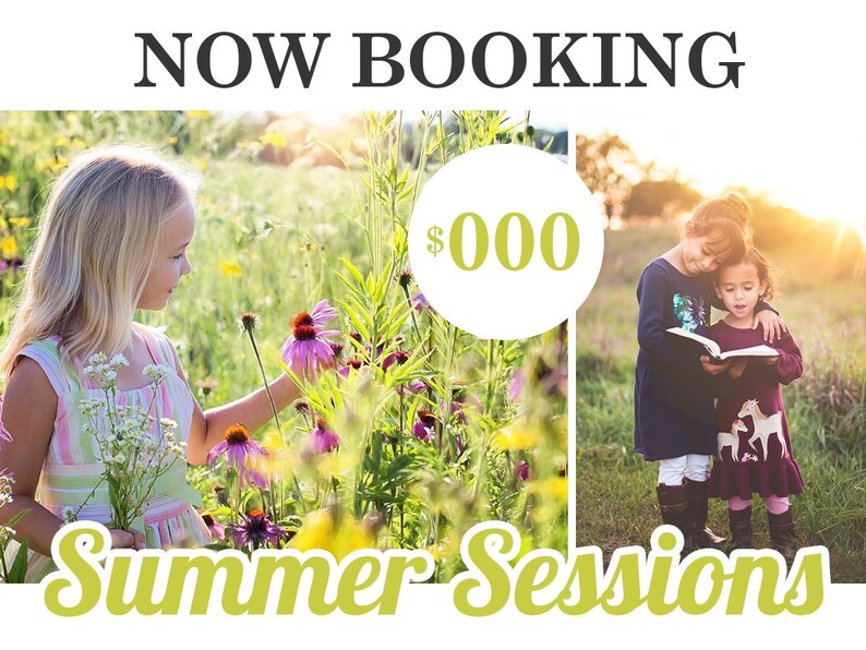 Peut inclure: Une affiche color&eacute;e annon&ccedil;ant des s&eacute;ances de photographie estivales. L'affiche pr&eacute;sente deux images d'enfants dans un champ de fleurs. Le texte "NOW BOOKING" est en haut de l'affiche, et le texte "Summer Sessions" est en bas. Le prix des s&eacute;ances est indiqu&eacute; &agrave; 000 &euro;.