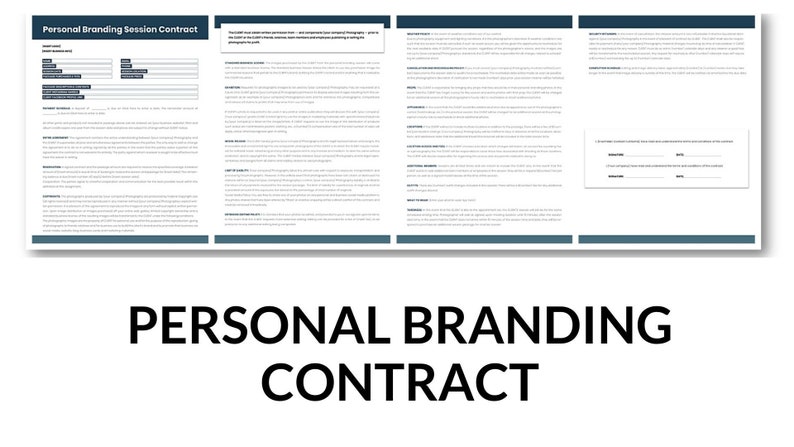 May include: A black and white contract for personal branding sessions. The contract includes sections for client information, services, payment, and signatures.
