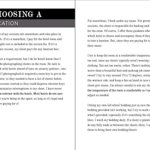 May include: A page from a book with black text on a white background. The text discusses choosing a location for a photoshoot, including tips on working with hotels and maintaining a comfortable temperature for clients. The page number 33 is in the bottom left corner.