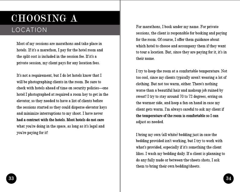 May include: A page from a book with black text on a white background. The text discusses choosing a location for a photoshoot, including tips on working with hotels and maintaining a comfortable temperature for clients. The page number 33 is in the bottom left corner.