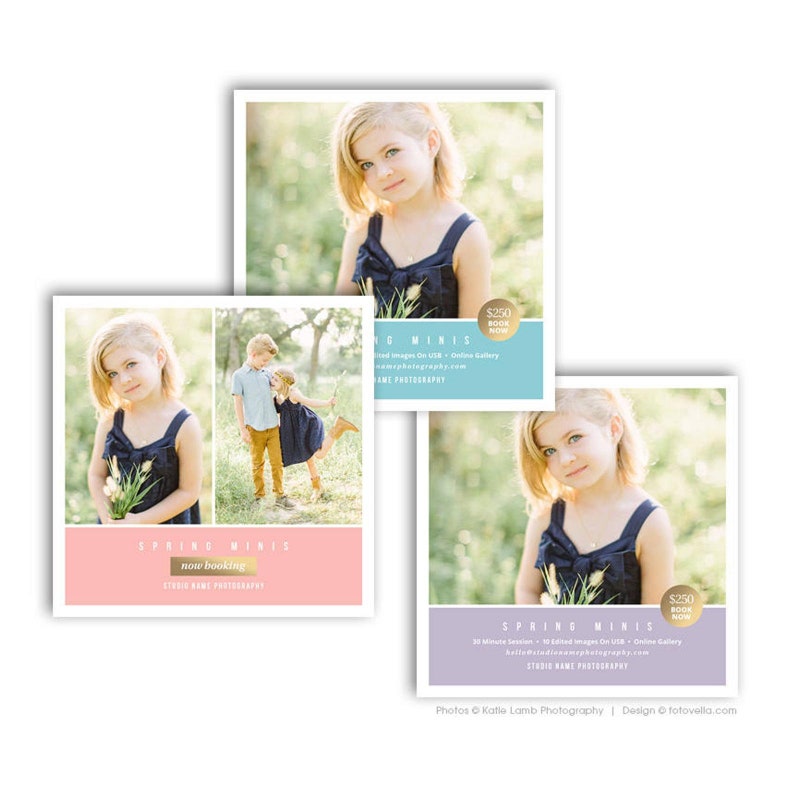 May include: Three square images advertising spring mini photography sessions. The images feature children in a field, with text that says "Spring Minis" and "Now Booking". The price is $250.