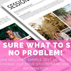 May include: A pink and white flyer with the text "NOT SURE WHAT TO SAY? NO PROBLEM!" and "WE HAVE EVEN INCLUDED SAMPLE TEXT SO ALL YOU NEED TO DO IS CHANGE OUT YOUR STUDIO NAME AND BASIC INFORMATION."