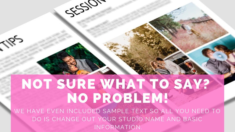 May include: A pink and white flyer with the text "NOT SURE WHAT TO SAY? NO PROBLEM!" and "WE HAVE EVEN INCLUDED SAMPLE TEXT SO ALL YOU NEED TO DO IS CHANGE OUT YOUR STUDIO NAME AND BASIC INFORMATION."
