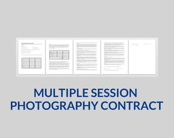 Könnte beinhalten: Ein Fotovertrag mit dem Text "Multiple Session Photography Contract" in Blau. Der Vertrag wird als eine Reihe weißer Seiten mit Text und Tabellen vor einem hellgrauen Hintergrund dargestellt.