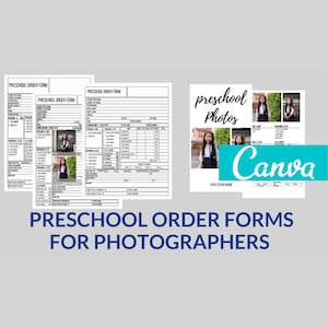 Puede incluir: Tres formularios de pedido de fotos de preescolar imprimibles con un formulario de pedido de fotos de muestra y un collage de fotos de muestra. Los formularios incluyen espacio para la información del cliente, las selecciones de fotos y los precios. El texto en los formularios dice "Formulario de pedido de preescolar" y "Fotos de preescolar".
