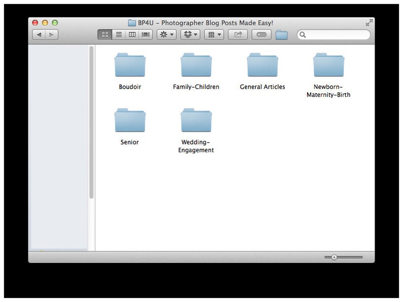 May include: A screenshot of a computer screen showing a file explorer window with several folders. The folders are labeled "Boudoir", "Family-Children", "General Articles", "Newborn-Maternity-Birth", "Senior", and "Wedding-Engagement".