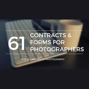 May include: A white and gray keyboard with the text "61 Contracts & Forms for Photographers" and "For All Niches of Photography" on a white background.