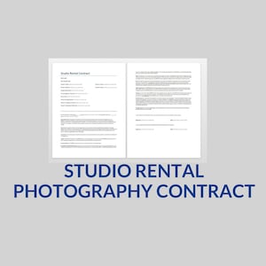 Op de afbeelding: Een studiohuurcontract voor fotografie met de titel "Studio Rental Photography Contract" in vetgedrukt blauw.