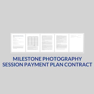 Può includere: Un documento in bianco e nero intitolato "Milestone Session Payment Plan Contract". Il documento è diviso in cinque sezioni, ciascuna con una parte diversa del contratto. Il documento è un accordo legale per i servizi fotografici.