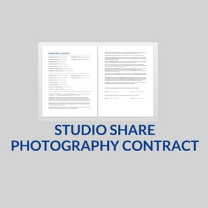 Op de afbeelding: Een Studio Share Fotografie Contract document met de titel "Studio Share Photography Contract" gedrukt in blauwe tekst onderaan de pagina.