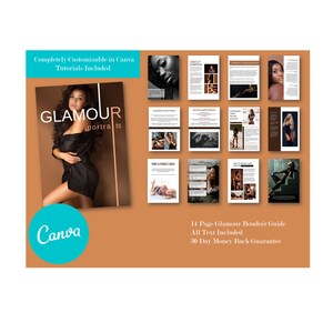 K&ouml;nnte beinhalten: Ein 14-seitiger Leitfaden mit dem Titel "Glamour Portraits" mit einem Titelbild einer Frau in einem schwarzen Kleid. Der Leitfaden ist vollst&auml;ndig anpassbar in Canva und enth&auml;lt Tutorials. Der Text lautet au&szlig;erdem "Alle Texte enthalten" und "30 Tage Geld-zur&uuml;ck-Garantie".