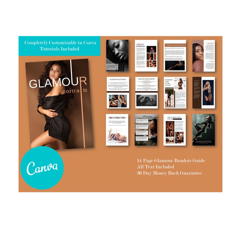 K&ouml;nnte beinhalten: Ein 14-seitiger Leitfaden mit dem Titel "Glamour Portraits" mit einem Titelbild einer Frau in einem schwarzen Kleid. Der Leitfaden ist vollst&auml;ndig anpassbar in Canva und enth&auml;lt Tutorials. Der Text lautet au&szlig;erdem "Alle Texte enthalten" und "30 Tage Geld-zur&uuml;ck-Garantie".