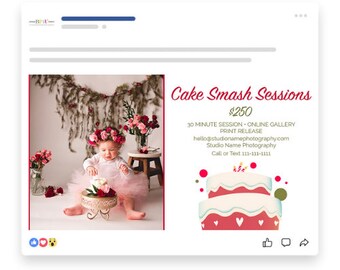 Cake Smash Sessions Plantillas de Marketing para Fotógrafos, Cake Smash Photography Mini Plantillas de Sesión, Plantillas PSD