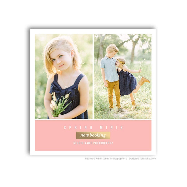 May include: A pink and white announcement for spring mini photo sessions. The announcement features two photos of children in a grassy outdoor setting. The text reads "Spring Minis now booking STUDIO NAME PHOTOGRAPHY".
