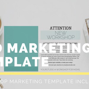 May include: A flat lay image featuring a coffee cup with latte art, pencils, and a marketing template. The template includes the text "PSD MARKETING TEMPLATE" and "ATTENTION NEW WORKSHOP". Gold pineapple decorations and confetti are also present.