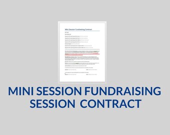 Könnte beinhalten: Ein schwarz-weißes Dokument mit dem Titel "Mini Session Fundraising Contract". Das Dokument enthält eine Liste mit Details zur Fundraising-Sitzung, einschließlich Datum, Uhrzeit, Ort und Kontaktinformationen.