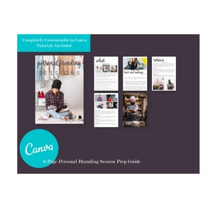 May include: A six-page guide for personal branding sessions, with a Canva logo and the text "personal branding sessions" in a colorful, handwritten font. The guide includes tips on what to wear, hair and makeup, and session ideas.