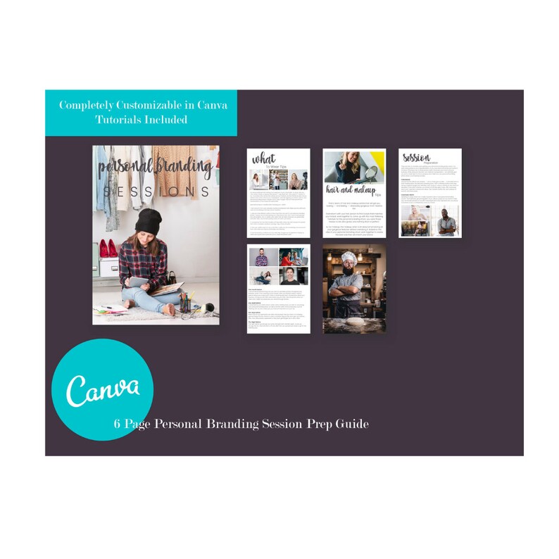 May include: A six-page guide for personal branding sessions, with a Canva logo and the text "personal branding sessions" in a colorful, handwritten font. The guide includes tips on what to wear, hair and makeup, and session ideas.